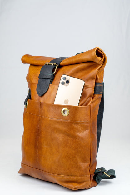 Leder Roll Top Rucksack mit Vintage-Schnalle: Stilvoller Laptop- und Tech-Rucksack